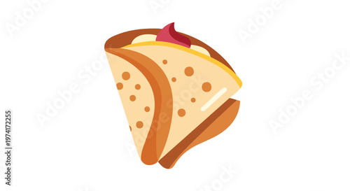 A cartoon depiction of a filled tortilla, folded into a triangle shape. Contains a filling of reddish sauce and other elements