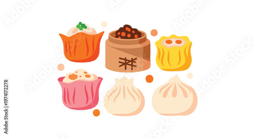 A collection of stylized, colorful illustrations of East Asian food items, including dumplings, buns, and dim sum, presented on a white background