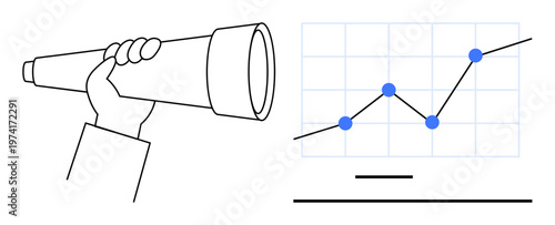 Business forecasting, financial analysis, strategic planning, data trends, market research, economic growth. A hand holds a telescope beside a graph showing rising points. Business forecasting