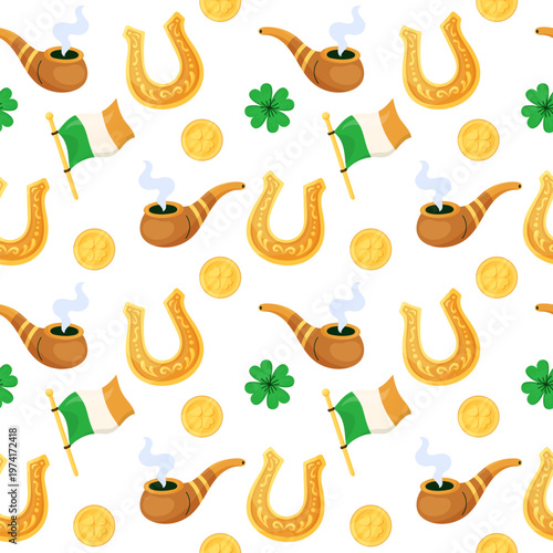 Seamless pattern with horseshoe, Irish flag, coin and smoking pipe. Saint Patricks Day elements. Holiday greeting card on white background. Hand drawn vector illustration.
