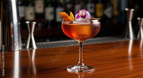 Elegant Cocktail Presentation on a Wooden Bar Surface.