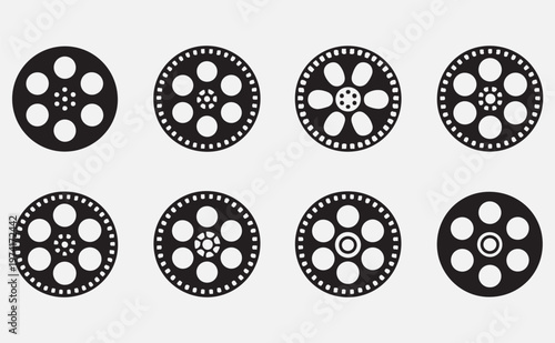  set of black film reels with white holes isolated on transparent background