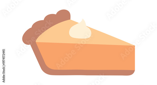 A cartoon-style slice of dessert features warm, autumnal hues and a dollop of cream. The pastry has a scalloped crust