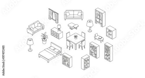 Isometric furniture arrangement showcasing a variety of household items.