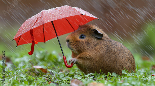 Adorable brown guinea pig holding a small red umbrella in gentle rain on green grass