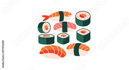 A vector illustration showcases various pieces of Japanese cuisine, including nigiri with shrimp and salmon, as well as sushi rolls