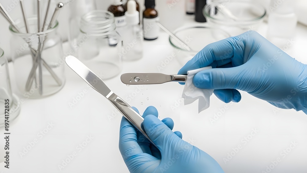 Fototapeta premium Scientist Handling Laboratory Equipment with Gloves.