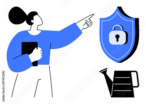 Cybersecurity, privacy protection, data security, identity management, digital safety, encryption. Woman pointing at shield with padlock. Cybersecurity and privacy protection concept