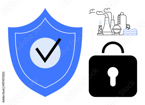 Cybersecurity, data protection, industrial safety, authentication, online security, risk management. Blue shield with a checkmark, lock and factory. Cybersecurity and data protection symbolism