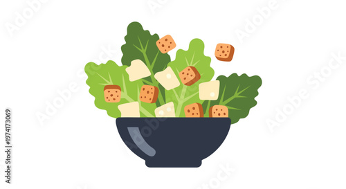 A cartoon-style illustration of salad with croutons. Leafy green lettuce sits in a dark blue bowl with pieces of cheese and brown croutons