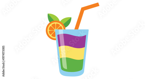 A vibrant, layered fruit beverage with a straw, garnished by orange slice and leafy greens against a white background