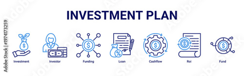 Investment Plan web banner icon vector illustration with icons of Investment,Investor,Funding,Loan,Cashflow,Roi and Fund