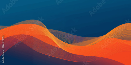 Abstract blue wave background with orange and yellow curves creates a colorful desert sand pattern for a modern nature landscape illustration