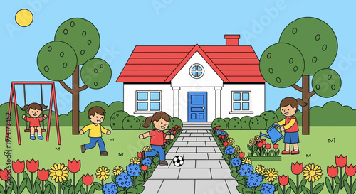 Children playing in a garden with a house on transparent background silhouette