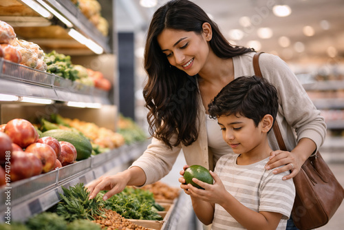 Mother and son choosing fresh fruits in supermarket smiling together