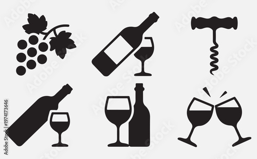  Set of wine and grape icons with bottle, corkscrew, and glasses isolated on transparent background