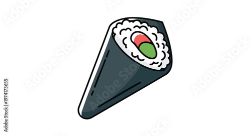 A cartoon illustration of a hand roll sushi, featuring a dark cone with white rice and colorful fillings. It's angled on a white backdrop