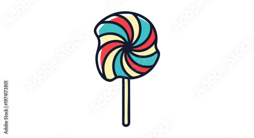 A stylized vector illustration of a lollipop, featuring a swirl design. The candy is colorful on a white background, it's a sweet confection