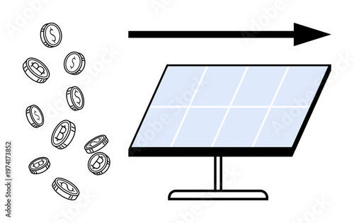 Renewable energy, green investment, clean power, sustainable resources, eco-friendly innovation, economic growth. Coins flowing toward a solar panel. Renewable energy and green investment concept