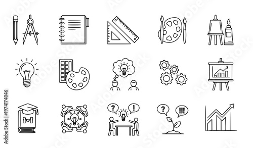 Art lessons idea creation linear icon set creativity vector