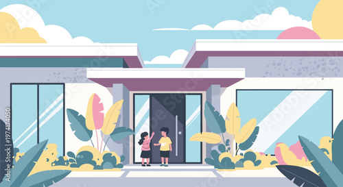 Modern house exterior with children vibrant illustration on transparent background silhouette