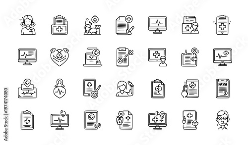 Healthcare access linear icon set medical contact vector