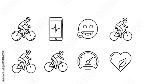 Cycling fitness enjoyment linear icon set bike exercise vector