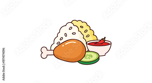 A cartoon illustration of a meal on a white background. It includes rice, a chicken leg, chili in a bowl, cucumber and sauce