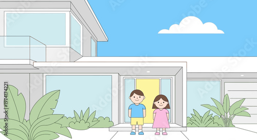 Children standing in front of a modern house on transparent background silhouette