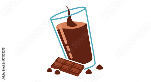 A tilted glass filled with a brown liquid, a chocolate bar, and several chocolate chips against a white backdrop