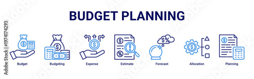 Budget Planning web banner icon vector illustration with icons of Budget,Budgeting,Expense,Estimate,Forecast,Allocation and Planning