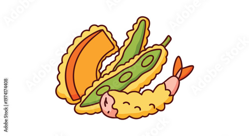 A cartoon illustration of fried food items including vegetables and a shrimp. All items are in an illustrative style, over a white background