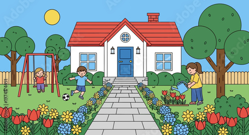 Cartoon family enjoying a sunny day near their home on transparent background silhouette