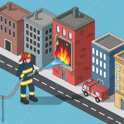 Firefighter battling a burning building downtown.