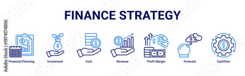Finance Strategy web banner icon vector illustration with icons of Financial Planning,Investment,Cost,Revenue,Profit Margin,Forecast and Cashflow