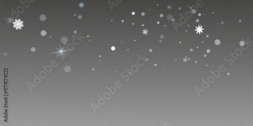 Christmas glittering snowflakes in air on transparent background. Snow overlay effects. Snow background. Heavy snowfall with frosty particles. Winter ambiance.