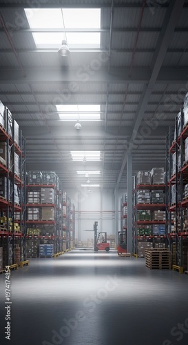 Warehouse interior with rows of shelves and goods.