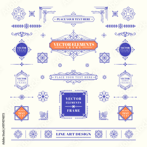 Set of Vintage Art Deco Linear Thin Line Design Elements with Frames Corners Badges and Geometric Ornaments