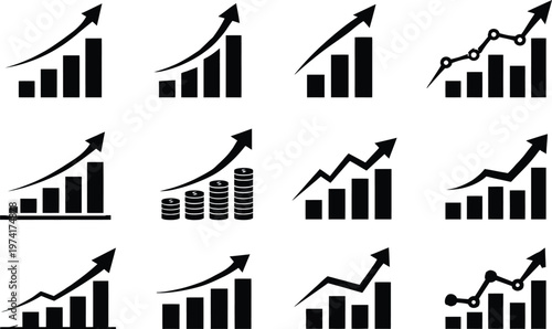 Financial growth icon with rising bar chart, upward arrow and dollar coin. Concept of profit increase, revenue growth, income, investment success and financial performance.
