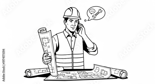 Engineer on Phone with Blueprints and Tools.