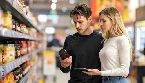 Pareja joven comparando etiquetas de productos en un pasillo de supermercado durante la compra