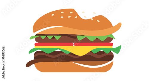 A vibrant, flat-style illustration of a large, partially eaten sandwich. It features bun, burger, cheese, tomato, lettuce, all in delicious colorful layers