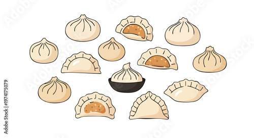 A cartoon illustration on a white background, features multiple dumplings of various shapes with a light color. Some are open revealing the filling
