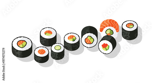 A collection of sushi rolls arranged on a white background. Each roll contains different fillings, including salmon, avocado, and cucumber