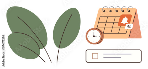Sustainability, time management, reminders, eco-friendly habits, productivity, scheduling. Illustration of green leaves, calendar with notification clock and checklist. Sustainability and time
