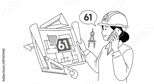 Engineer reviewing blueprints and communicating on phone.