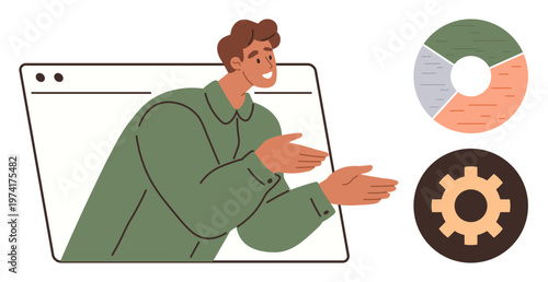 Data analysis, productivity, teamwork, online collaboration, business solutions, project management. Man gesturing from a browser window. Data analysis and productivity concept