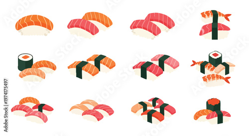 A collection of diverse sushi pieces, featuring salmon, tuna, shrimp, and roe. Presented in various arrangements on white background