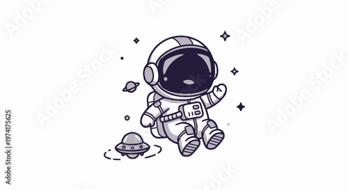 Cute Cartoon Astronaut Floating in Space with Spaceship and Planets.