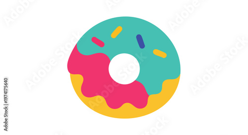 A colorful donut illustration features a turquoise glaze with sprinkles, a pink area and a yellow outer edge with a hole in the middle
